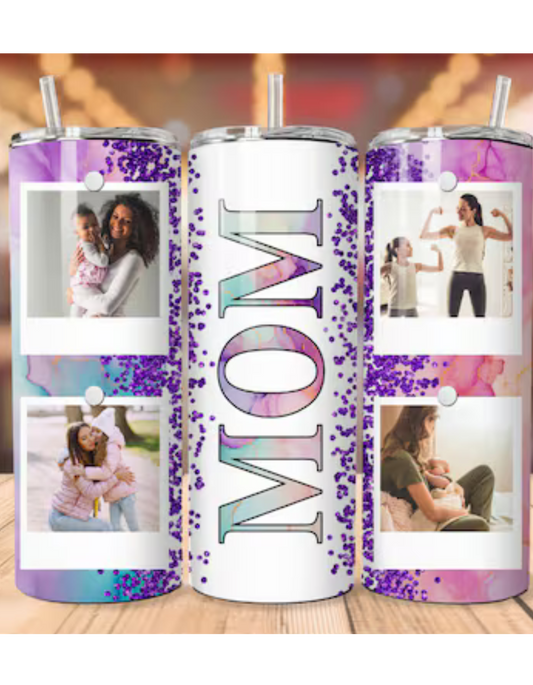 Mom Pink and Purple Glitter Personalized Tumbler