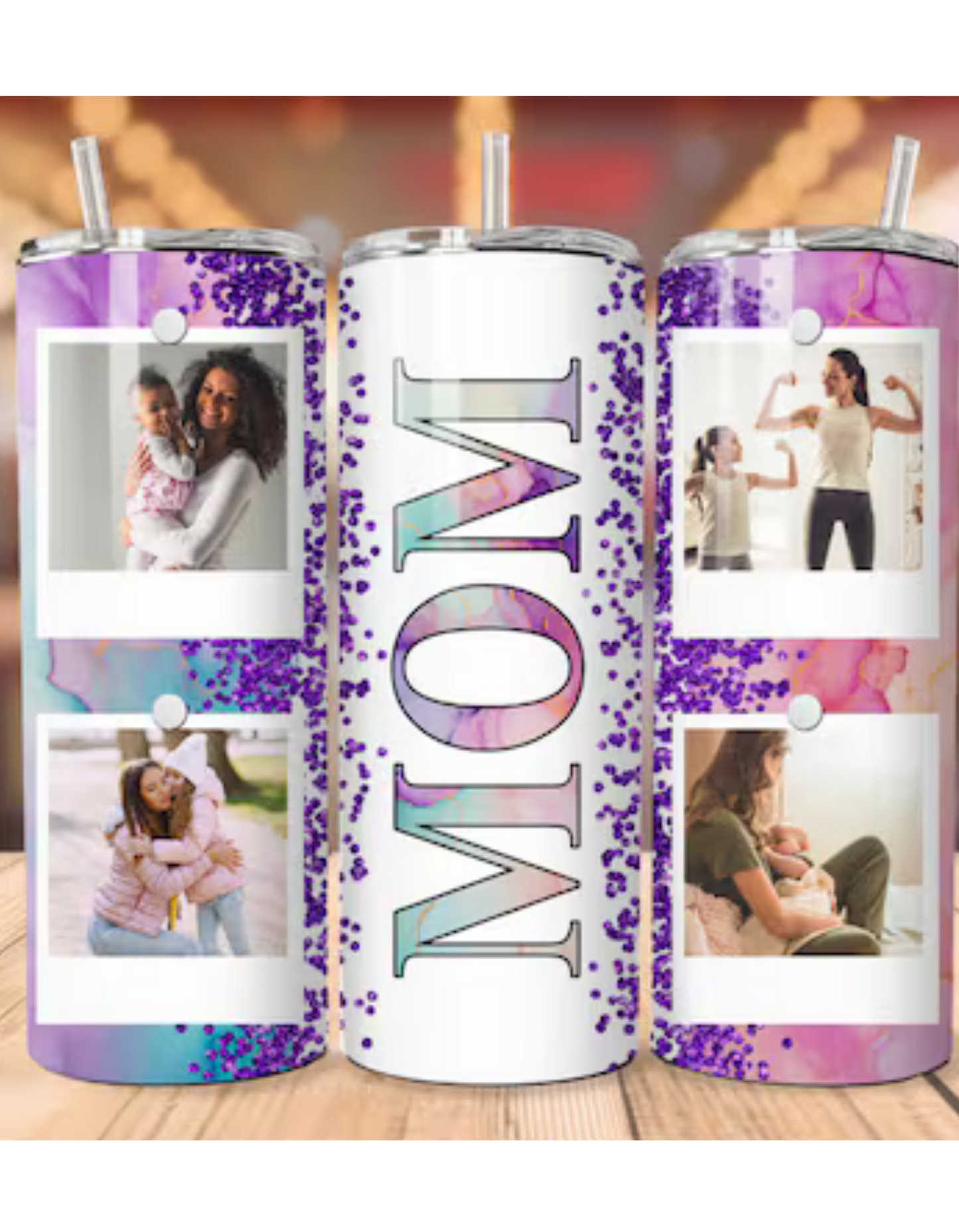 Mom Pink and Purple Glitter Personalized Tumbler